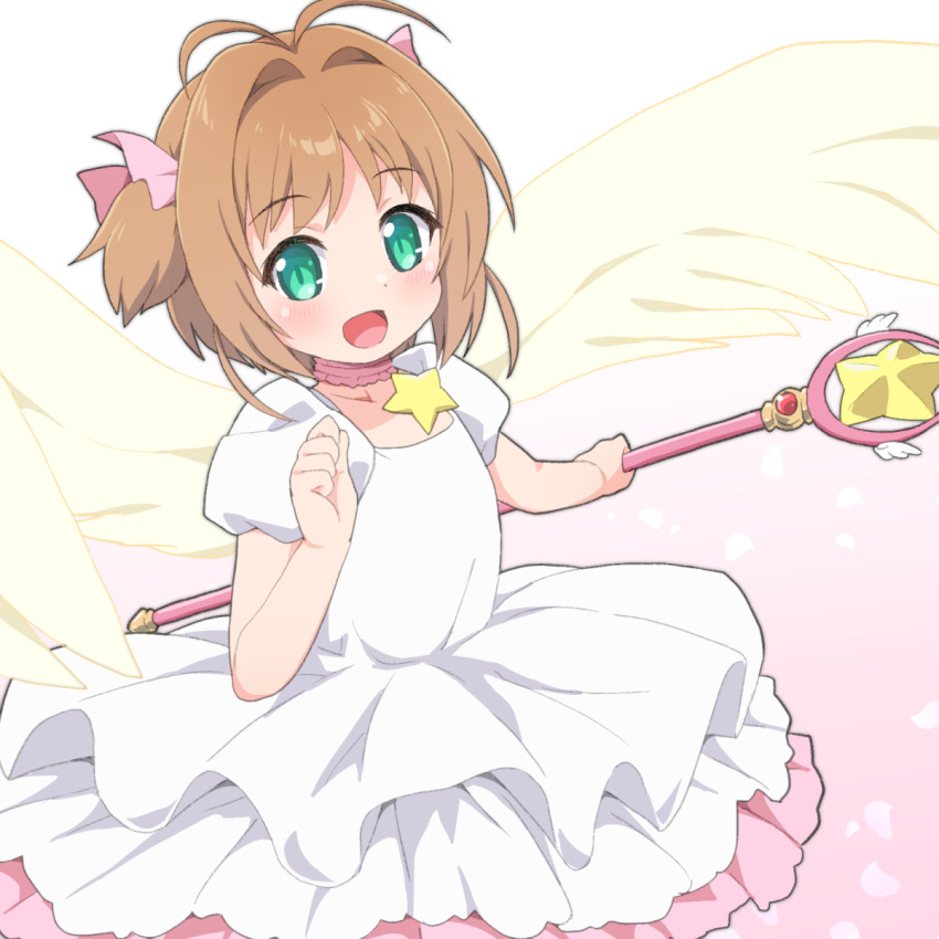 1girl cardcaptor_sakura dress flat_chest green_eyes hair_ribbon highres holding holding_weapon kinomoto_sakura light_brown_hair petals pink_background pink_ribbon puffy_dress puffy_short_sleeves puffy_sleeves ribbon rose_petals shirogane_hakuba short_hair short_sleeves short_twintails solo star_(symbol) star_rod twintails weapon white_dress