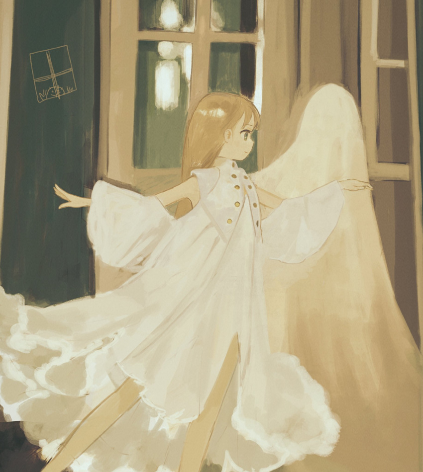 1girl bed_sheet blonde_hair chisato_charme closed_mouth clothing_cutout doodle_inset dress from_side green_eyes highres long_dress long_hair long_sleeves original outstretched_arms profile shoulder_cutout smile solo spread_arms standing standing_on_one_leg vest white_dress white_vest wide_sleeves
