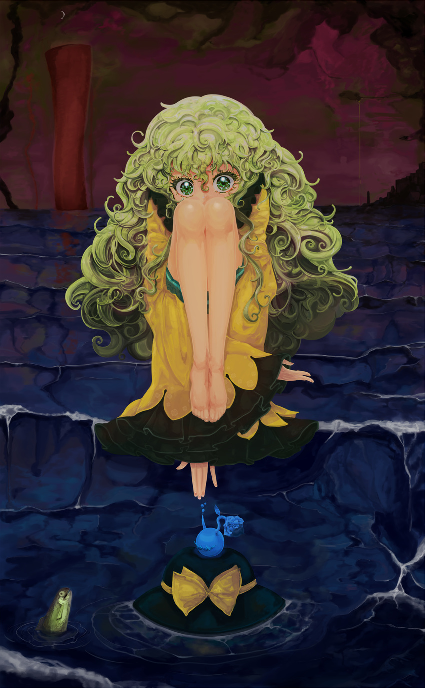 barefoot blue_flower blue_rose closed_eyes colored_eyelashes commentary covered_mouth crescent_moon curly_hair dark_clouds eyelashes feet fish flexible flower green_eyes green_hair hat hat_removed headwear_removed highres knees_up komeiji_koishi legs_together long_arms long_hair long_legs long_sleeves moon purple_sky reaching rose sai_koro shirt single_eye stairs storm style_request third_eye tornado touhou very_long_hair very_long_sleeves water when_you_see_it yellow_shirt