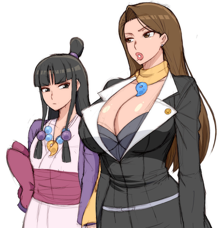 2girls absurdres ace_attorney black_eyes black_hair black_jacket blunt_bangs breast_envy breasts brown_eyes brown_hair cleavage cowboy_shot flat_chest highres huge_breasts jacket japanese_clothes jewelry kimono long_hair looking_at_another looking_at_breasts magatama magatama_necklace maya_fey mia_fey mole mole_under_mouth multiple_girls necklace parted_lips phoenix_wright:_ace_attorney phoenix_wright:_ace_attorney_-_justice_for_all phoenix_wright:_ace_attorney_-_trials_and_tribulations pink_lips scarf simmsy simple_background suit white_background yellow_scarf