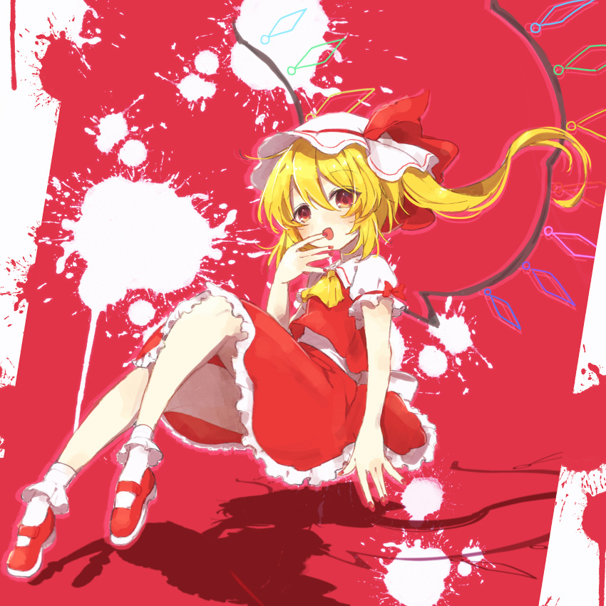 1girl absurdres ascot bare_legs blonde_hair bobby_socks breasts collared_shirt flandre_scarlet frilled_skirt frilled_sleeves frills full_body hair_between_eyes hat hat_ribbon highres looking_at_viewer mary_janes medium_hair mob_cap multicolored_wings nail_polish one_side_up open_mouth puffy_short_sleeves puffy_sleeves red_background red_footwear red_nails red_ribbon red_skirt red_theme red_vest ribbon shirt shoes short_sleeves skirt skirt_set sleeve_ribbon small_breasts socks solo touhou vest white_headwear white_shirt white_socks wings yellow_ascot yuirinex