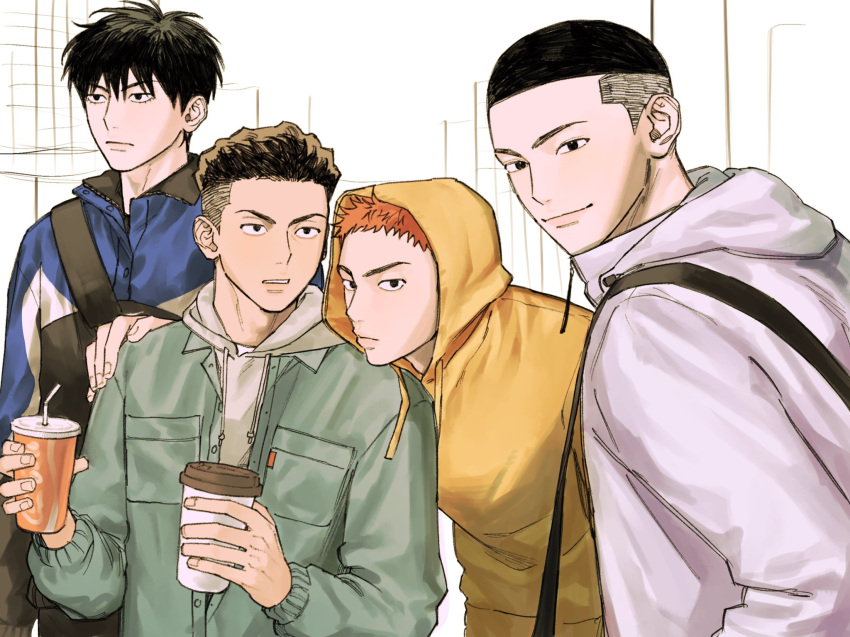 4boys black_bag black_eyes black_hair blue_jacket brown_hair buzz_cut cup green_jacket grey_hoodie hand_on_another's_shoulder head_on_another's_shoulder highres holding holding_cup hood hoodie jacket looking_at_another looking_at_viewer male_focus miyagi_ryouta multiple_boys red_hair rukawa_kaede sakuragi_hanamichi sawakita_eiji short_hair simple_background slam_dunk_(series) smile tmhcmi track_jacket undercut upper_body very_short_hair wavy_hair white_background yellow_hoodie