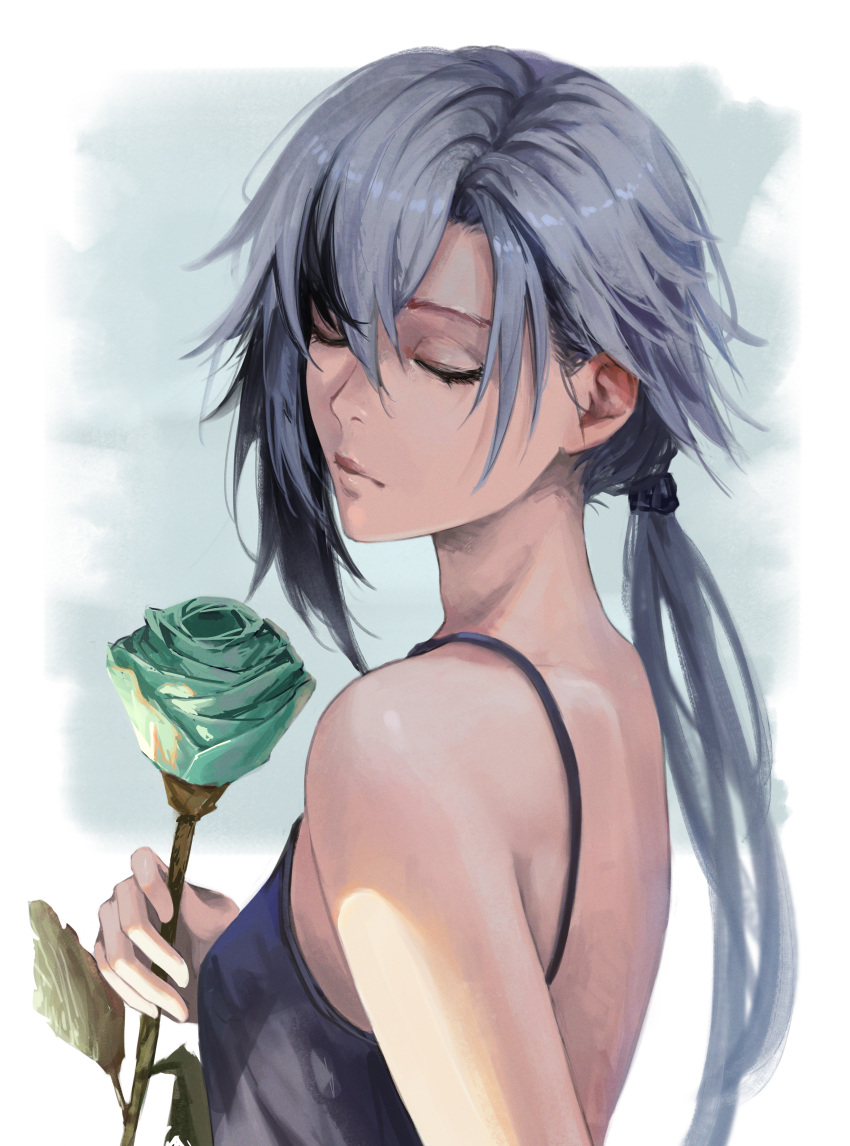 1girl absurdres aqua_rose arlecchino_(genshin_impact) bare_shoulders black_hair camisole closed_eyes commentary flower genshin_impact grey_hair hair_between_eyes highres holding holding_flower long_hair low_ponytail luxearte multicolored_hair rose solo spaghetti_strap streaked_hair upper_body very_long_hair