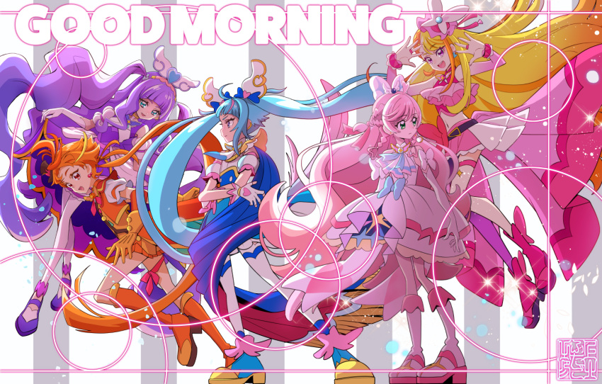 1boy 4girls :d ahoge aqua_eyes artist_logo blonde_hair blue_eyes blue_hair boots bow braid choker commentary_request cure_butterfly cure_majesty cure_prism cure_sky cure_wing dress earrings ellee-chan english_text eyelashes good_morning gradient_hair green_eyes hair_bow hair_ornament happy hijiri_ageha hirogaru_sky!_precure jewelry kamikita_futago long_hair looking_at_viewer looking_to_the_side magical_boy magical_girl multicolored_hair multiple_girls nijigaoka_mashiro open_mouth orange_eyes orange_hair pink_hair precure purple_eyes purple_hair smile sora_harewataru stamp_mark standing streaked_hair twintails two-tone_hair very_long_hair white_bow white_dress wing_hair_ornament yuunagi_tsubasa