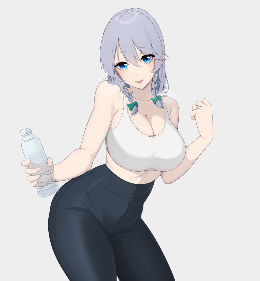 1girl :d absurdres alternate_costume bare_arms bare_shoulders black_pants blue_eyes blush bottle bow braid breasts cleavage collarbone commentary cowboy_shot crop_top green_bow grey_hair hair_bow hand_up head_tilt highres holding holding_bottle izayoi_sakuya jewelry large_breasts leggings medium_hair midriff open_mouth pants ring smile solo sports_bra sportswear standing thighs touhou twin_braids umisaki water_bottle