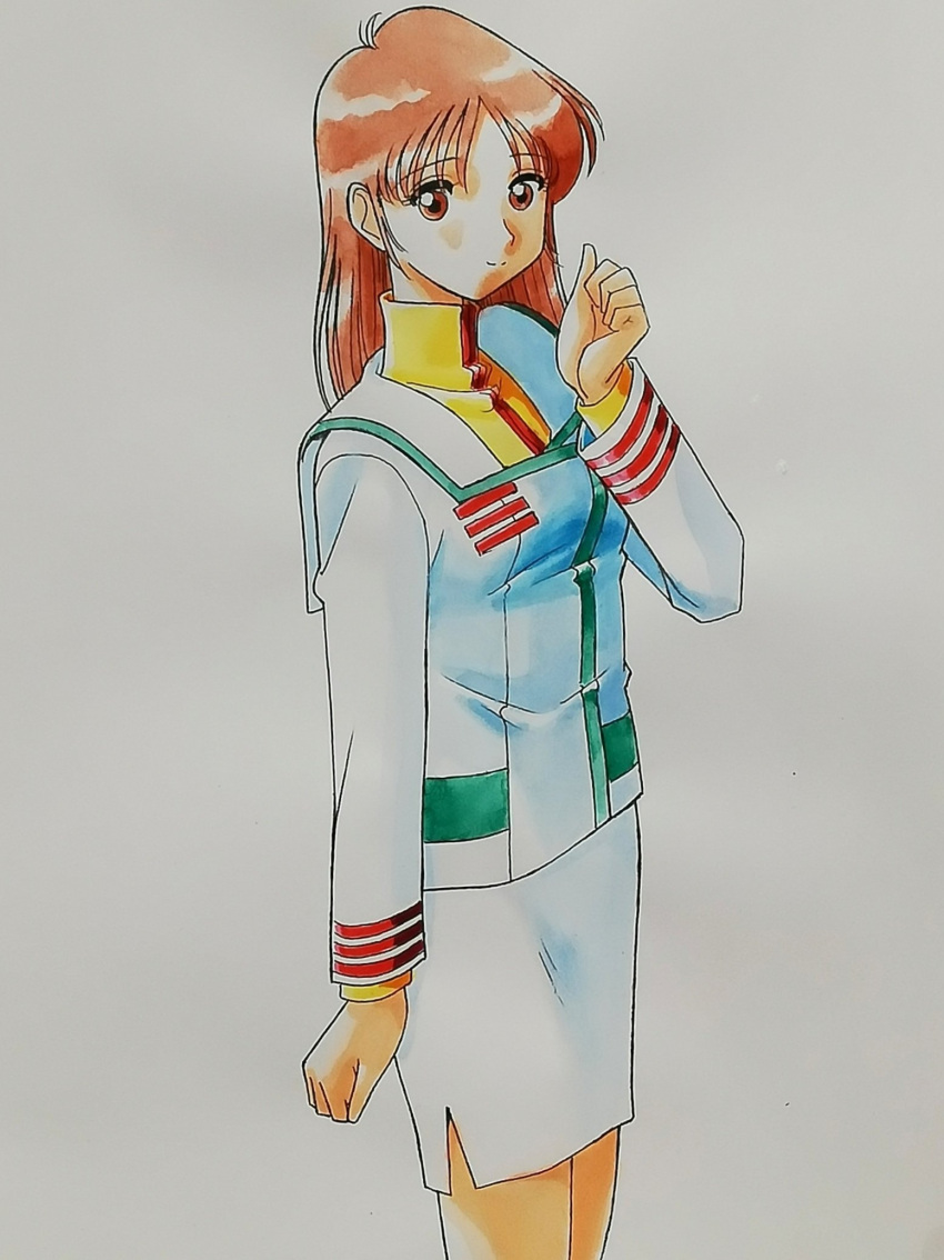 1080kazuo 1girl arm_up brown_eyes brown_hair hayase_misa highres long_hair looking_afar macross marker_(medium) military_uniform pencil_skirt simple_background skirt solo standing traditional_media uniform white_background