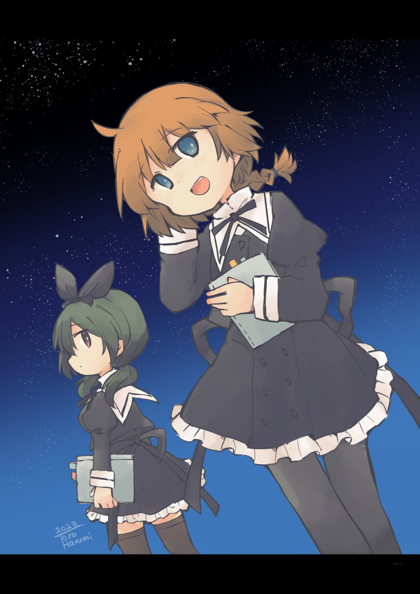 2girls :d ahoge arm_at_side artist_name assault_lily black_bow black_pantyhose black_skirt black_thighhighs blue_eyes blunt_bangs bow braid braided_ponytail brown_hair buttons commentary_request cropped_jacket dutch_angle feet_out_of_frame frilled_skirt frills futagawa_fumi green_hair hair_bow hand_in_own_hair hands_up high-waist_skirt highres holding holding_notebook juliet_sleeves letterboxed light_blush long_hair long_sleeves looking_at_viewer looking_to_the_side low_ponytail low_twintails miniskirt multiple_girls night night_sky notebook open_mouth outdoors pantyhose profile puffy_sleeves purple_eyes school_uniform short_twintails sideways_glance single_braid skirt sky smile standing star_(symbol) teeth thighhighs toyo_(sameden46) twintails upper_teeth_only yamanashi_hibari yurigaoka_girls_academy_school_uniform zettai_ryouiki