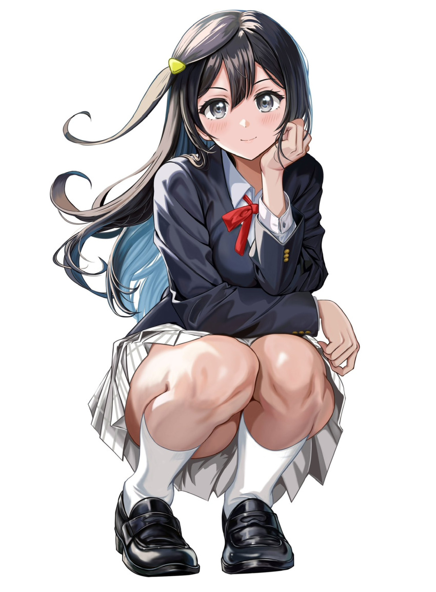 1girl black_footwear black_hair blush breasts closed_mouth full_body grey_eyes highres kneehighs loafers long_hair looking_at_viewer love_live! love_live!_nijigasaki_high_school_idol_club medium_breasts nijigasaki_academy_school_uniform one_side_up school_uniform shoes smile socks solo squatting white_background white_socks yuuki_setsuna_(love_live!) zaofeng