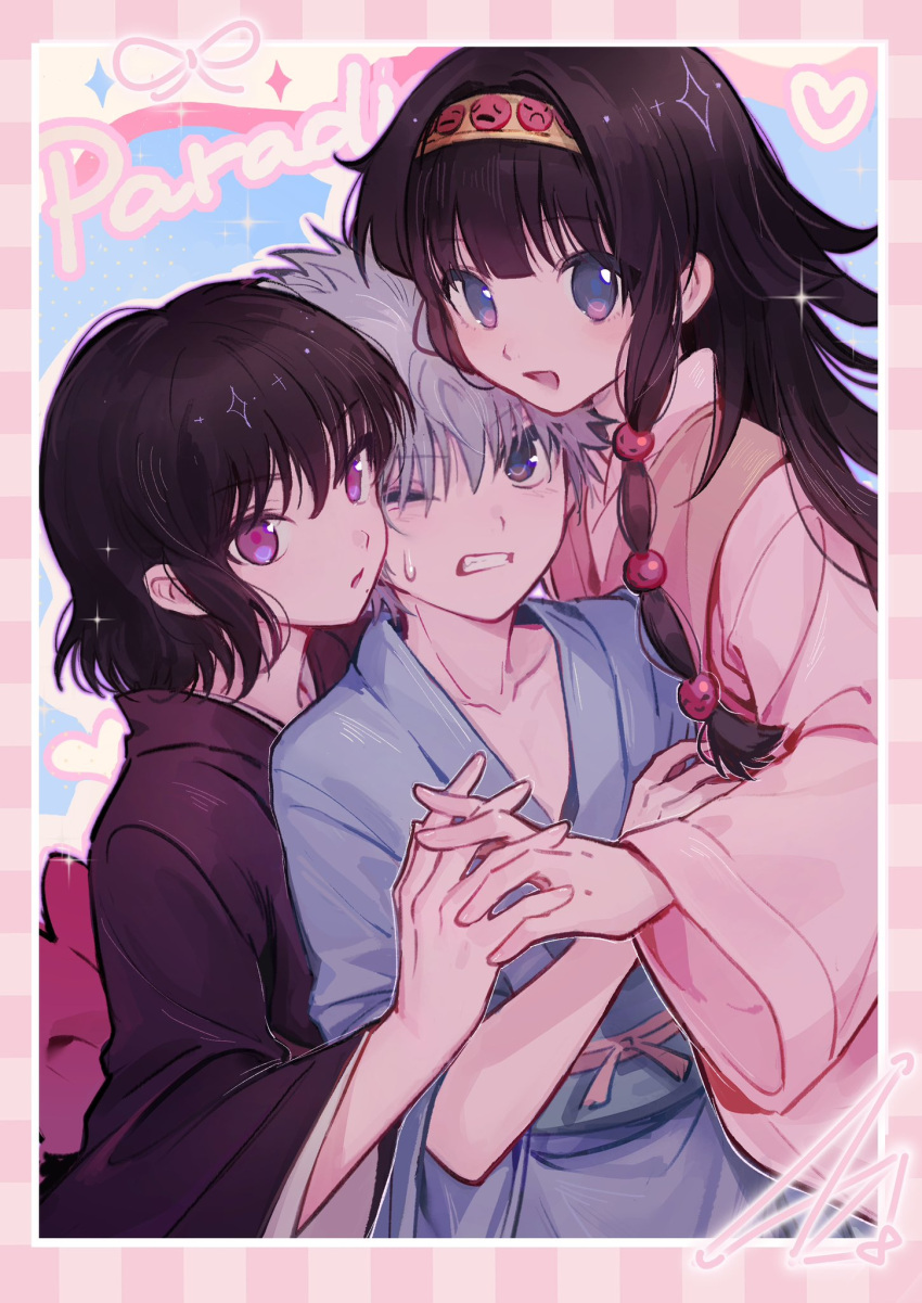 3boys alluka_zoldyck black_hair black_kimono blue_kimono border brothers clenched_teeth green_eyes hair_between_eyes hairband heart highres holding_hands hunter_x_hunter japanese_clothes kalluto_zoldyck kiko killua_zoldyck kimono long_hair looking_at_viewer male_focus multi-tied_hair multiple_boys obi one_eye_closed open_mouth otoko_no_ko pink_kimono purple_eyes sash siblings sparkle spiked_hair sweat teeth wide_sleeves