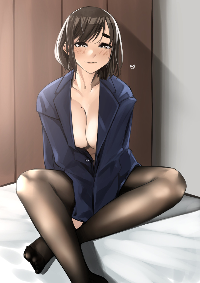 1girl absurdres black_pantyhose blue_jacket blush breasts brown_eyes brown_hair closed_mouth commentary_request ganbare_douki-chan heart heart-shaped_pupils highres indoors jacket kouhai-chan_(douki-chan) light_smile long_sleeves looking_at_viewer medium_breasts mole mole_on_breast mole_on_cheek no_bra open_clothes open_jacket pantyhose pupi_(rain_prophet) short_hair sitting solo symbol-shaped_pupils thick_eyebrows