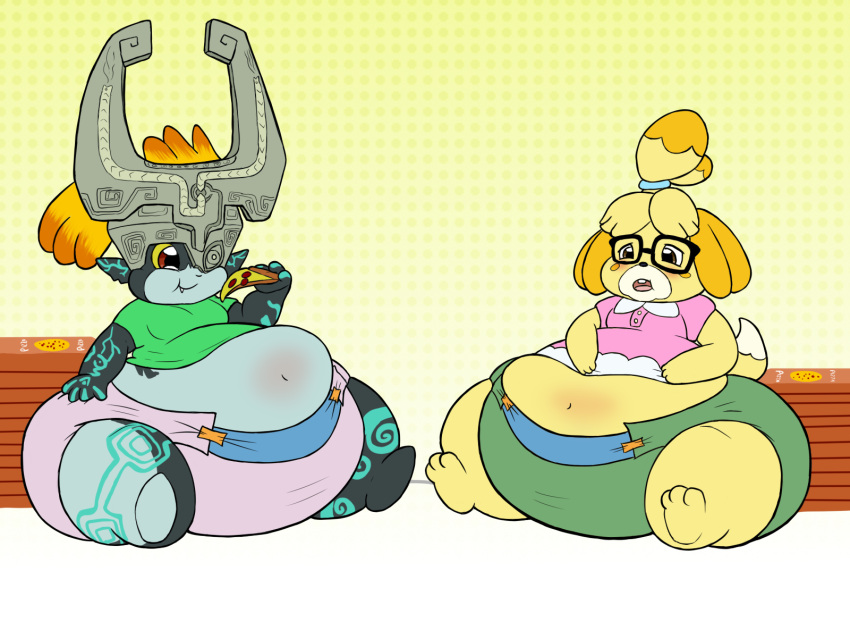 2023 4:3 alvro animal_crossing anthro armor belly belly_blush belly_expansion black_body black_ears black_eyes black_eyewear black_glasses black_nose bloated blonde_hair blue_belly blue_body blush body_blush canid canine canis chubby_cheeks chubby_female clothed clothing colored diaper digital_media_(artwork) domestic_dog duo eating eating_food expansion exposed_belly eyewear female flat_colors food glasses green_clothing green_diaper green_shirt green_topwear grey_helmet hair hand_on_stomach headgear helmet hi_res holding_food holding_object huge_belly humanoid humanoid_pointy_ears imp infantilism isabelle_(animal_crossing) mammal midna navel nintendo obese obese_female open_mouth orange_hair overweight overweight_female pink_clothing pink_diaper pink_shirt pink_topwear pizza pizza_box red_eyes shih_tzu shirt simple_background sitting slightly_chubby smile snaggle_tooth tail teeth_showing the_legend_of_zelda thick_thighs topwear toy_dog twili twilight_princess wearing_diaper yellow_background yellow_belly yellow_body yellow_ears yellow_sclera yellow_tail