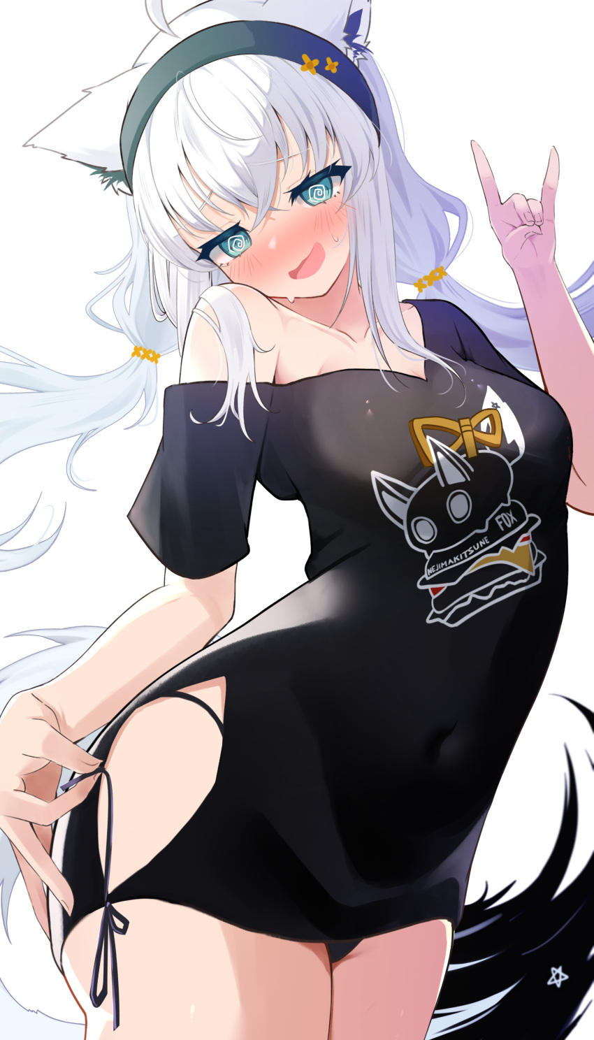 1girl @_@ absurdres ahoge animal_ear_fluff animal_ears black_panties black_shirt blush commentary earrings fox_ears fox_girl fox_shadow_puppet fox_tail green_eyes hair_between_eyes highres hololive jewelry long_hair looking_at_viewer low_twintails mogmog_megmog open_mouth panties pentagram shirakami_fubuki shirakami_fubuki_(7th_costume) shirt sidelocks simple_background solo tail twintails underwear virtual_youtuber white_background white_hair