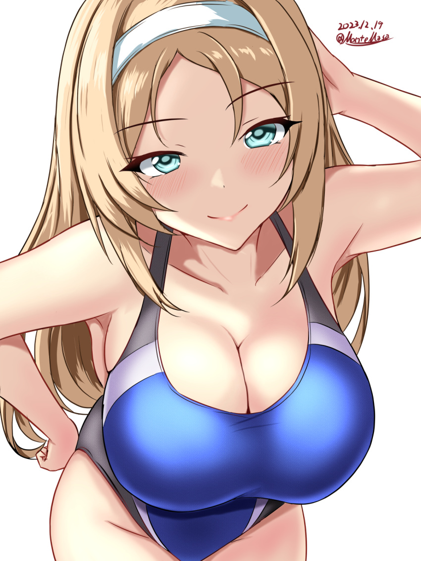 1girl black_one-piece_swimsuit blonde_hair blue_eyes blue_one-piece_swimsuit blush breasts competition_swimsuit covered_navel cowboy_shot dated hair_between_eyes hairband highleg highleg_swimsuit highres kantai_collection large_breasts long_hair long_sleeves looking_at_viewer montemasa nelson_(kancolle) one-hour_drawing_challenge one-piece_swimsuit simple_background smile solo swimsuit twitter_username two-tone_swimsuit white_background