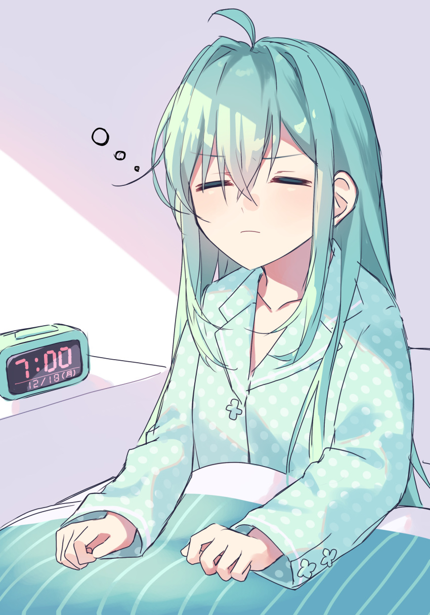 1girl absurdres ahoge alarm_clock blanket blue_hair blush clock closed_eyes commentary_request frown hatsune_miku highres kurobikari long_hair long_sleeves pajamas polka_dot polka_dot_pajamas solo under_covers vocaloid waking_up