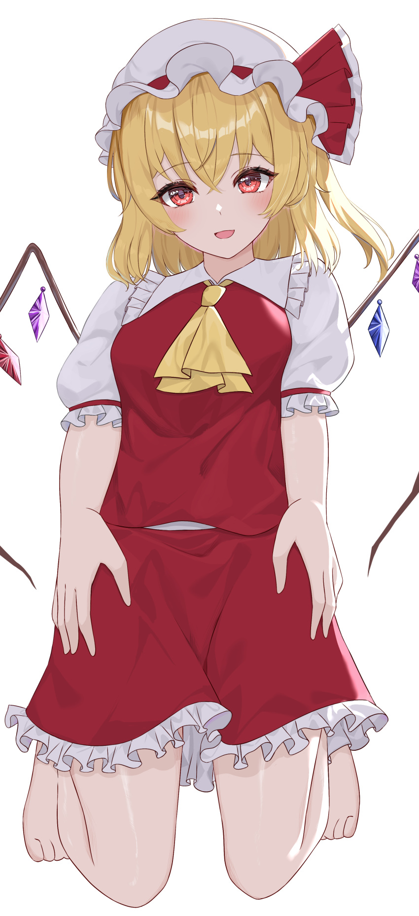 1girl absurdres anima_miko ascot bad_id bad_pixiv_id barefoot blonde_hair breasts collared_shirt crystal flandre_scarlet frilled_shirt_collar frilled_skirt frilled_sleeves frills full_body hat hat_ribbon head_tilt highres looking_at_viewer medium_hair mob_cap multicolored_wings one_side_up open_mouth puffy_short_sleeves puffy_sleeves red_eyes red_ribbon red_skirt red_vest ribbon ribbon-trimmed_headwear ribbon_trim shirt short_sleeves simple_background skirt skirt_set sleeve_ribbon small_breasts solo touhou vest white_background white_headwear white_shirt wings yellow_ascot