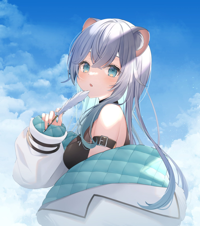 1girl :o animal_ear_fluff animal_ears aone_ioru aqua_eyes aqua_hair aqua_jacket arm_belt bare_shoulders belt belt_buckle black_belt blue_sky buckle colored_inner_hair commentary_request commission crossed_bangs fingernails from_side grey_hair hair_between_eyes hamster_ears hamster_girl hand_up highres holding holding_quill indie_virtual_youtuber jacket light_blush light_particles long_hair long_sleeves looking_at_viewer multicolored_hair off_shoulder parted_lips puffy_long_sleeves puffy_sleeves quill ragi_(diabolik_angle) second-party_source sidelocks skeb_commission sky sleeves_past_wrists solo two-sided_fabric two-sided_jacket upper_body virtual_youtuber white_jacket