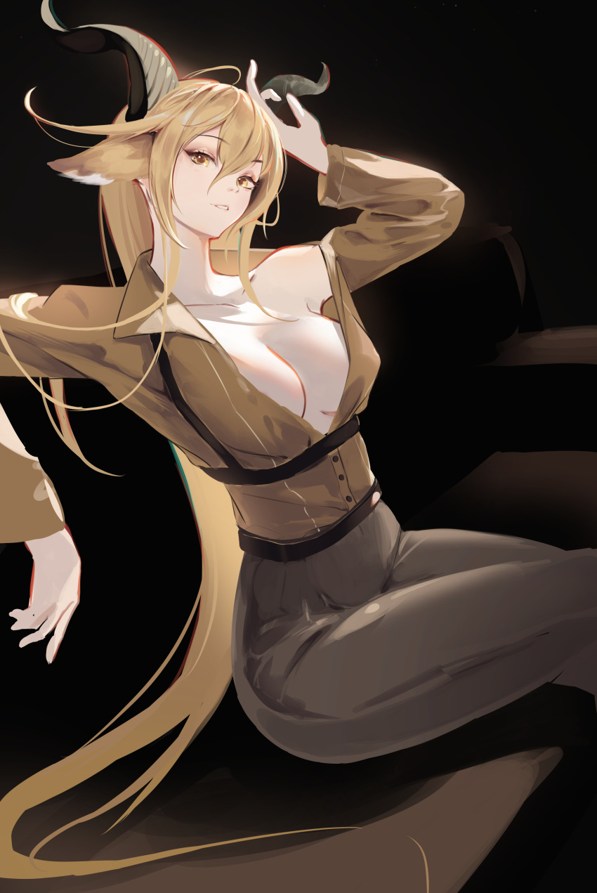 1girl absurdres ahoge animal_ear_fluff animal_ears arknights arm_rest armpit_crease arms_up asymmetrical_hair asymmetrical_sidelocks beancake belt black_background black_belt black_horns blonde_hair breasts breasts_apart brown_pants buttons chest_harness chromatic_aberration collarbone collared_shirt commentary couch cowboy_shot crossed_legs dark degenbrecher_(arknights) double-parted_bangs dress_shirt eyelashes from_side goat_ears goat_girl goat_horns grin hair_between_eyes hair_flowing_over hair_spread_out harness highres horns large_breasts leaning leaning_on_object lips long_bangs long_hair long_sleeves looking_at_viewer looking_to_the_side on_couch pants parted_lips partially_unbuttoned shade shadow shirt shirt_tucked_in sidelocks simple_background single_off_shoulder sitting smile solo straight_hair teeth underbust very_long_hair wing_collar yellow_eyes yellow_shirt