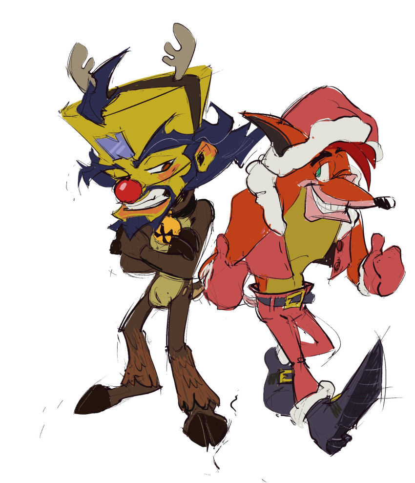 activision animal_genitalia anthro blush christmas christmas_clothing clothing costume crash_bandicoot crash_bandicoot_(series) doctor_neo_cortex duo embarrassed genitals hi_res holidays human male male/male mammal one_eye_closed sasiskavteste1 sheath wink