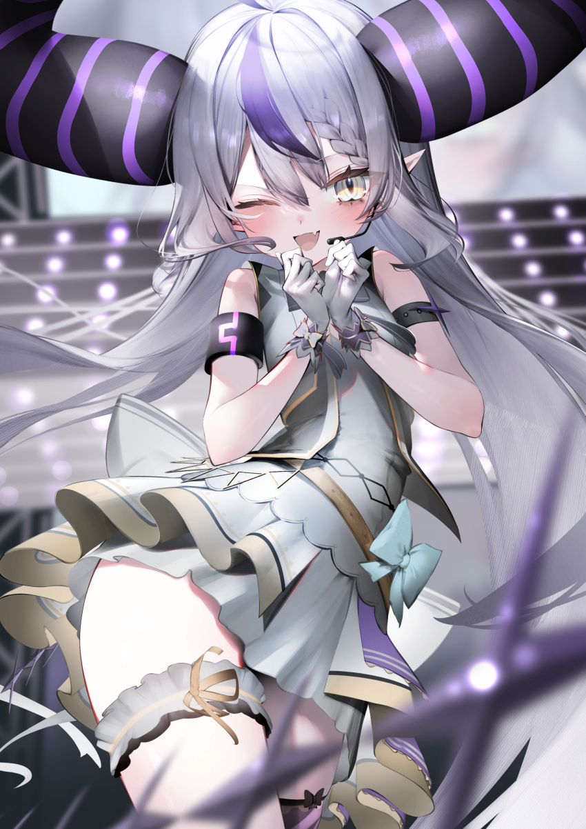 1girl absurdres blush braid braided_bangs demon_horns dress earpiece fang gloves grey_hair highres hololive hololive_idol_uniform horns ichini_(aaaraaaaaaaaa) la+_darknesss layered_dress long_hair looking_at_viewer multicolored_hair official_alternate_costume one_eye_closed open_mouth pointy_ears purple_hair sidelocks single_braid skin_fang smile solo streaked_hair very_long_hair vest virtual_youtuber white_dress white_gloves white_vest yellow_eyes