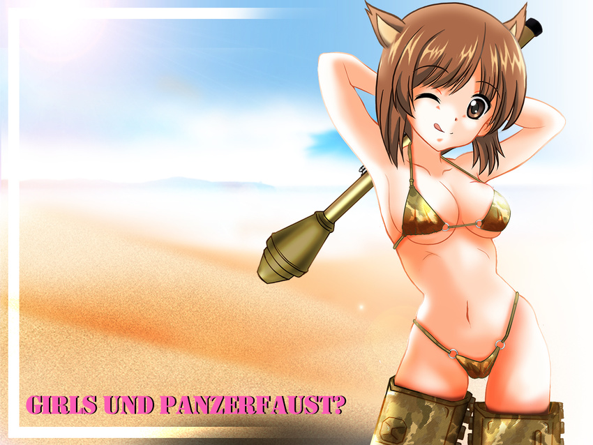 :p animal_ears armpits arms_behind_head arms_up bikini blackjunk brown_eyes brown_hair camouflage cloud creator_connection desert dog_ears girls_und_panzer highleg highleg_bikini highleg_swimsuit highres holding navel nishizumi_miho o-ring o-ring_bottom o-ring_top one_eye_closed panzerfaust parody short_hair sky smile solo standing striker_unit swimsuit title_parody tongue tongue_out wallpaper weapon world_witches_series