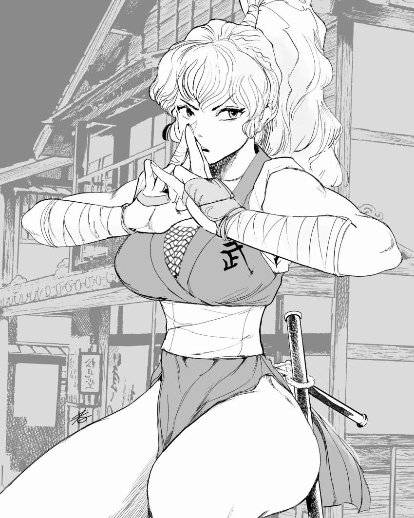 1girl bandaged_arm bandages breasts cowboy_shot final_fight fishnets genryuusai_maki greyscale high_ponytail highres hiroshi_mono japanese_clothes kimono kuji-in large_breasts long_hair looking_at_viewer monochrome night ninja open_mouth outdoors ponytail sash short_kimono sleeveless sleeveless_kimono solo street_fighter thighs tonfa v-shaped_eyebrows weapon