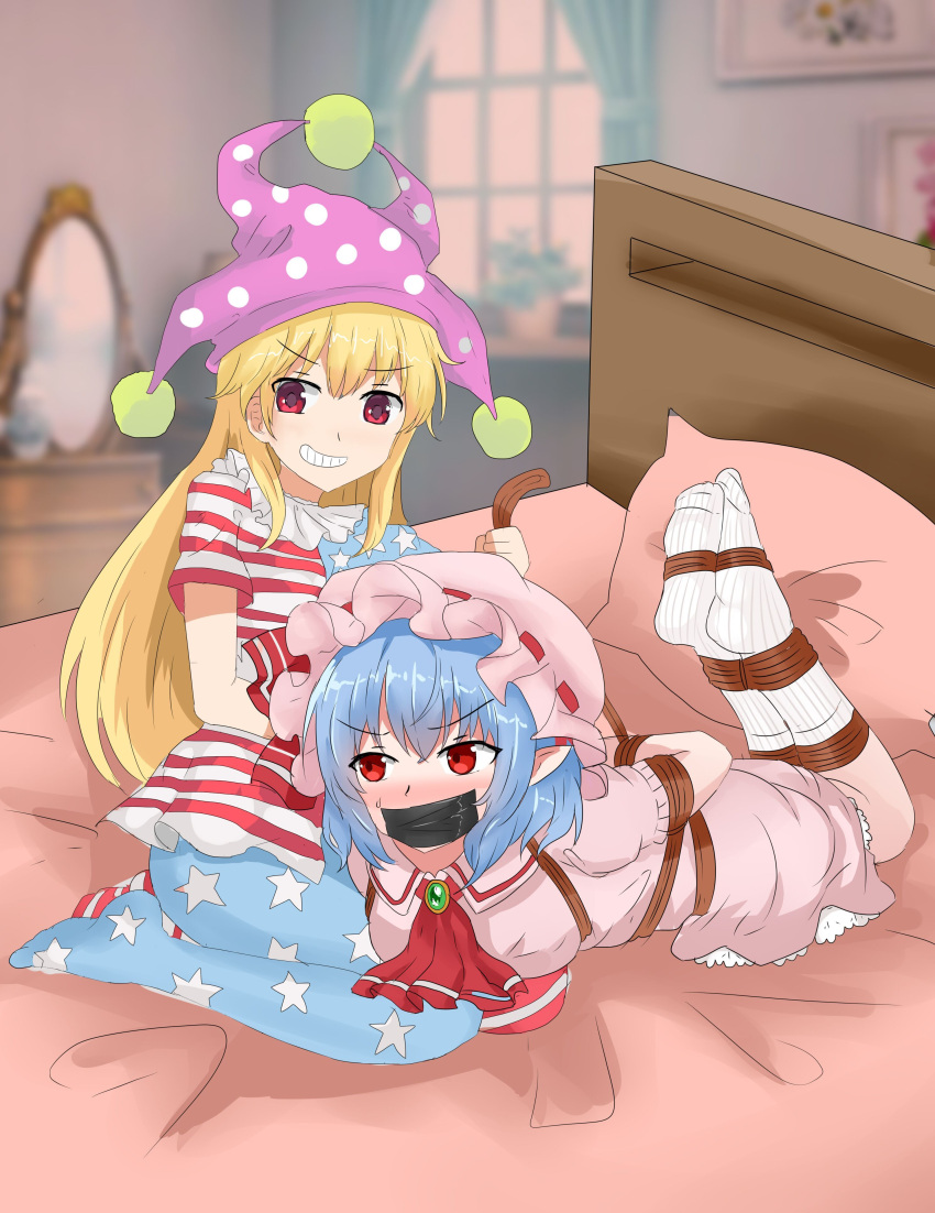 2girls absurdres american_flag_dress bdsm blonde_hair blue_hair bondage bound clownpiece commission dress embarrassed frown gag hat highres improvised_gag jiayuansi kidnapping mob_cap multiple_girls no_shoes pink_dress remilia_scarlet restrained second-party_source shibari smile striped striped_dress tape tape_gag tied_up_(nonsexual) touhou yuri