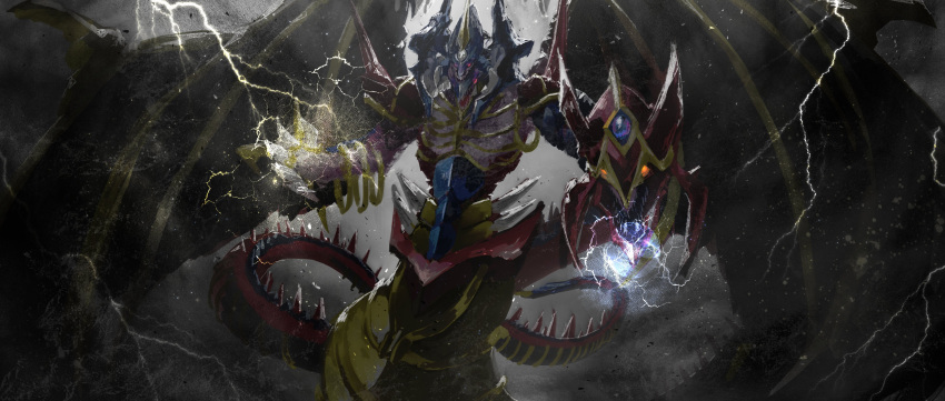 1other absurdres armityle_the_chaos_phantom asaki_(asaki_vision) cloud cloudy_sky demon demon_horns demon_wings duel_monster highres horns lightning multiple_heads multiple_mouths sky tail wings yu-gi-oh!