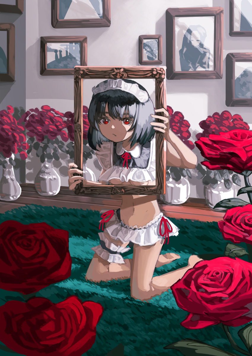 1girl absurdres barefoot black_hair breasts bridal_garter collar commentary_request detached_collar empty_picture_frame flower frilled_collar frills full_body highres holding indoors kagenoyuhi kneeling looking_at_viewer maid maid_headdress medium_hair microskirt navel neck_ribbon on_floor original picture_frame red_eyes red_flower red_ribbon red_rose ribbon rose rug skirt solo unconventional_maid underboob vase white_skirt