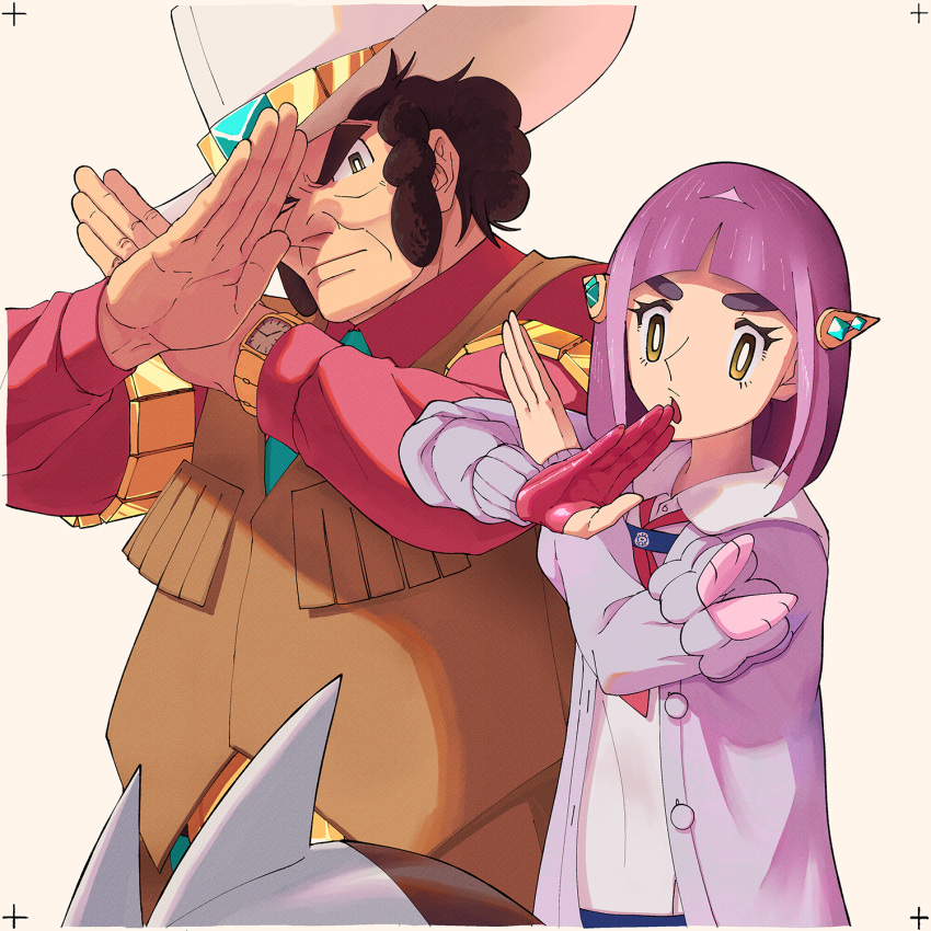 1boy 1girl arched_bangs blueberry_academy_school_uniform bow bowtie bright_pupils brown_eyes brown_hair cardigan clay_(pokemon) coat collared_shirt cowboy cowboy_hat cowboy_western crossed_wrists excadrill father_and_daughter fringe_trim gloves hair_ornament hairclip hat highres how_long lacey_(pokemon) long_sleeves looking_at_viewer open_cardigan open_clothes open_coat pink_coat pink_hair pokemon pokemon_(creature) pokemon_bw pokemon_sv red_gloves school_uniform shirt short_hair single_glove thick_eyebrows traditional_bowtie watch white_headwear white_pupils white_shirt wristwatch x_arms yellow_eyes