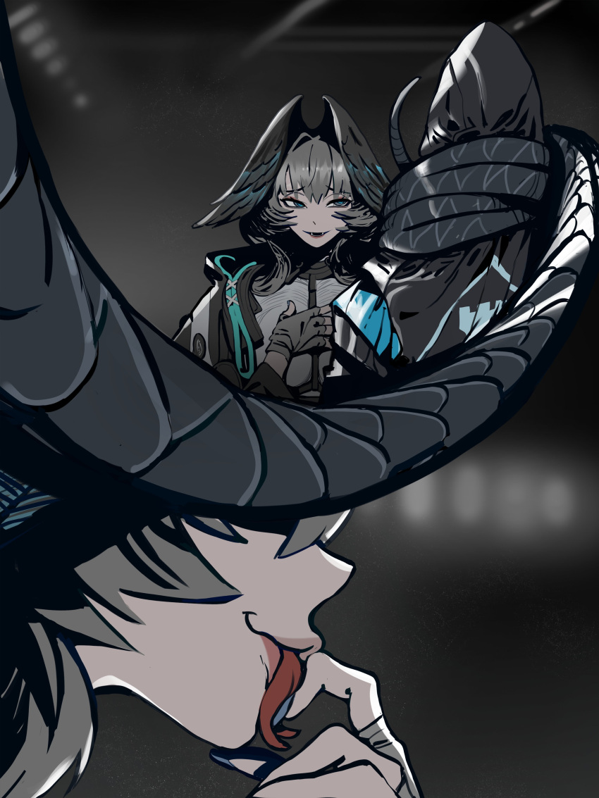 1boy 1girl absurdres aqua_eyes aqua_nails aqua_wings arknights between_breasts black_jacket breasts close-up coat dark_background doctor_(arknights) dress eyeshadow fangs feathered_wings fingerless_gloves forked_tongue gloves grey_hair hand_on_own_chest head_wings highres ho'olheyak_(arknights) hood hooded_jacket jacket large_breasts licking licking_finger long_coat looking_at_another makeup open_clothes open_coat prehensile_tail red_eyeshadow savadava short_hair sidelocks snake_tail strangling strap_between_breasts tail tongue upper_body white_dress wide_sleeves wings