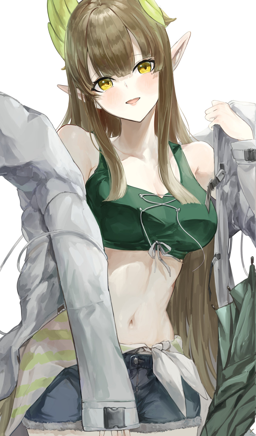 1girl :d absurdres arknights bare_shoulders breasts brown_hair commentary_request cowboy_shot crop_top cutoffs denim denim_shorts grey_jacket highres jacket kajuu large_breasts long_hair long_sleeves looking_at_viewer midriff muelsyse_(arknights) navel off_shoulder open_clothes open_jacket open_mouth pointy_ears short_shorts shorts smile solo sports_bra standing stomach very_long_hair white_background yellow_eyes