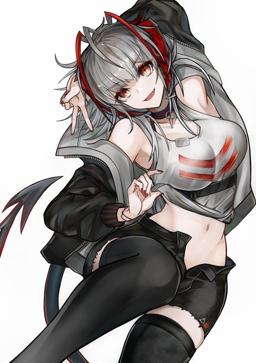 1girl absurdres akasabi antennae arknights black_jacket black_shorts black_thighhighs collarbone demon_girl demon_horns demon_tail grey_hair highres horns jacket looking_at_viewer navel official_alternate_costume open_clothes open_fly open_jacket red_eyes red_nails short_hair short_shorts shorts simple_background smile solo tail tank_top thighhighs w_(arknights) white_background white_tank_top