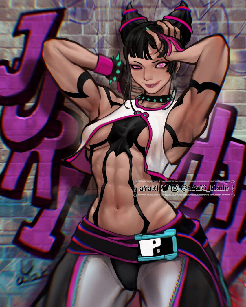 1girl abs aqua_nails armpits artist_name ayaki_d baggy_pants black_hair bracelet breasts collar commentary_request crazy_eyes crop_top double_bun fingerless_gloves gloves glowing glowing_eye graffiti hair_bun hair_horns han_juri hand_in_own_hair highres jewelry medium_breasts multicolored_hair pants pink_hair signature single_fingerless_glove solo spiked_bracelet spiked_collar spikes streaked_hair street_fighter street_fighter_6 toned tongue tongue_out twitter_username underboob watermark yin_yang