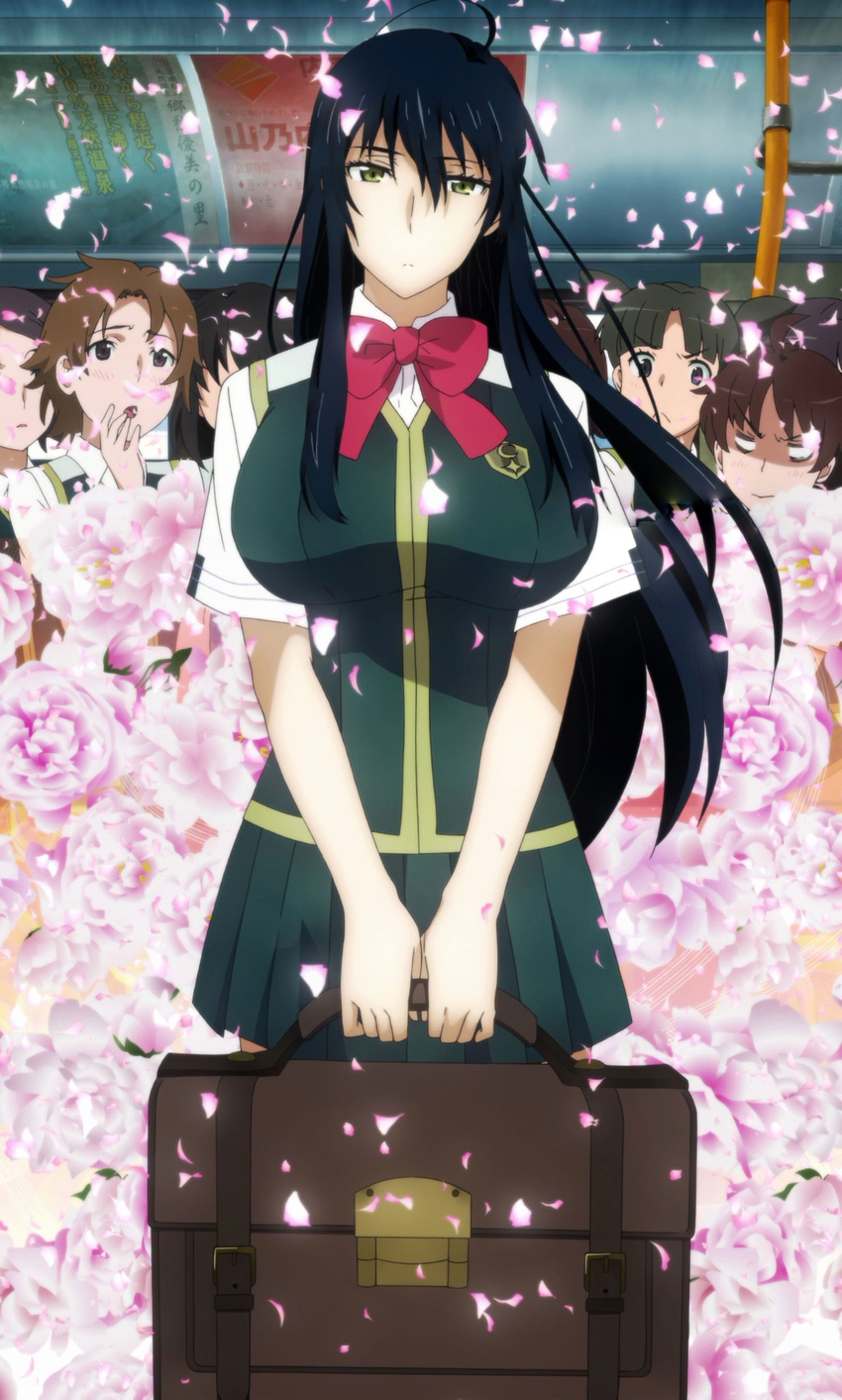 black_hair breasts green_eyes highres kagari_ayaka large_breasts long_hair school_uniform screencap standing stitched witch_craft_works