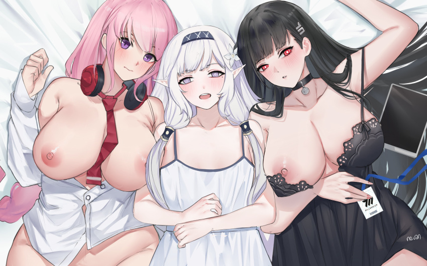 3girls absurdres black_nightgown blue_archive eimi_(blue_archive) from_above girl_sandwich highres himari_(blue_archive) milephunter multiple_girls negligee nightgown open_clothes rio_(blue_archive) sandwiched unbuttoned