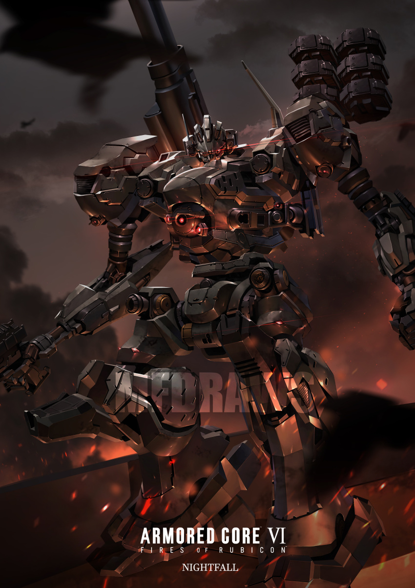 absurdres armored_core armored_core_6 artist_name bird brayanong999 character_name cloud cloudy_sky copyright_name embers full_body glowing glowing_eye grey_sky gun highres holding holding_gun holding_weapon looking_at_viewer mecha_focus missile_pod nightfall_(armored_core_6) no_humans red_eyes robot science_fiction shoulder_cannon sky smoke standing weapon