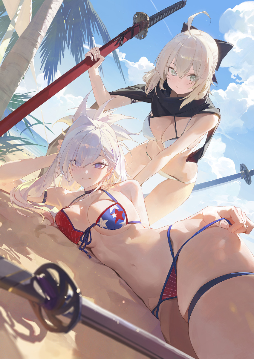 2girls absurdres bare_shoulders beach bikini blonde_hair blue_eyes blue_sky breasts cleavage collarbone fate/grand_order fate_(series) green_eyes highres large_breasts long_hair looking_at_viewer miyamoto_musashi_(fate) miyamoto_musashi_(swimsuit_berserker)_(fate) miyamoto_musashi_(swimsuit_berserker)_(second_ascension)_(fate) modare multiple_girls navel okita_souji_(fate) pink_hair short_hair sky smile swimsuit thighs