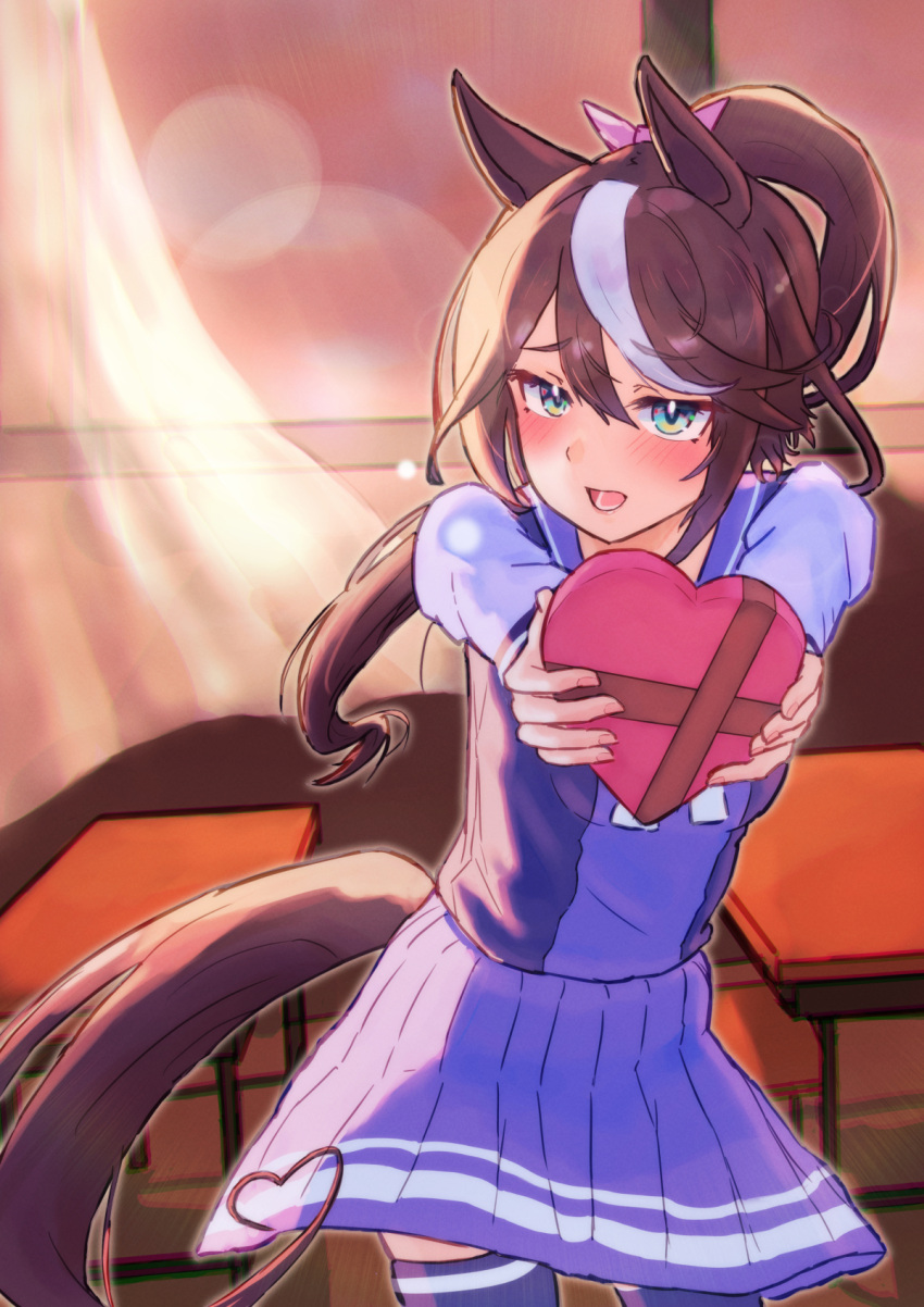 1girl animal_ears blue_eyes blush bow box brown_hair chair commentary_request cowboy_shot curtains desk hair_between_eyes harakomeshi heart heart-shaped_box highres holding holding_box horse_ears horse_girl horse_tail indoors lens_flare long_hair looking_at_viewer multicolored_hair open_mouth pink_bow pleated_skirt purple_serafuku purple_shirt purple_skirt purple_thighhighs school_desk school_uniform serafuku shirt skirt smile solo streaked_hair tail thighhighs tokai_teio_(umamusume) tracen_school_uniform umamusume white_hair winter_uniform