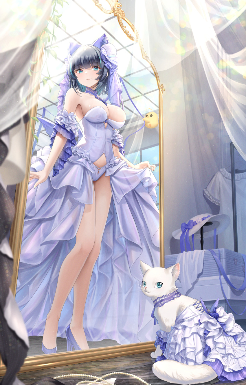 1girl aqua_eyes azur_lane bare_legs bare_shoulders between_breasts black_hair breasts cameltoe cat cheshire_(azur_lane) cheshire_(the_cat_and_the_white_steed)_(azur_lane) cleavage closed_mouth clothes_lift commentary_request detached_collar different_reflection dress dressing_room frills from_below haneru high_heels highres indoors large_breasts leotard manjuu_(azur_lane) mirror off-shoulder_dress off_shoulder official_alternate_costume panties purple_dress reflection showgirl_skirt skirt skirt_lift smile underwear white_cat