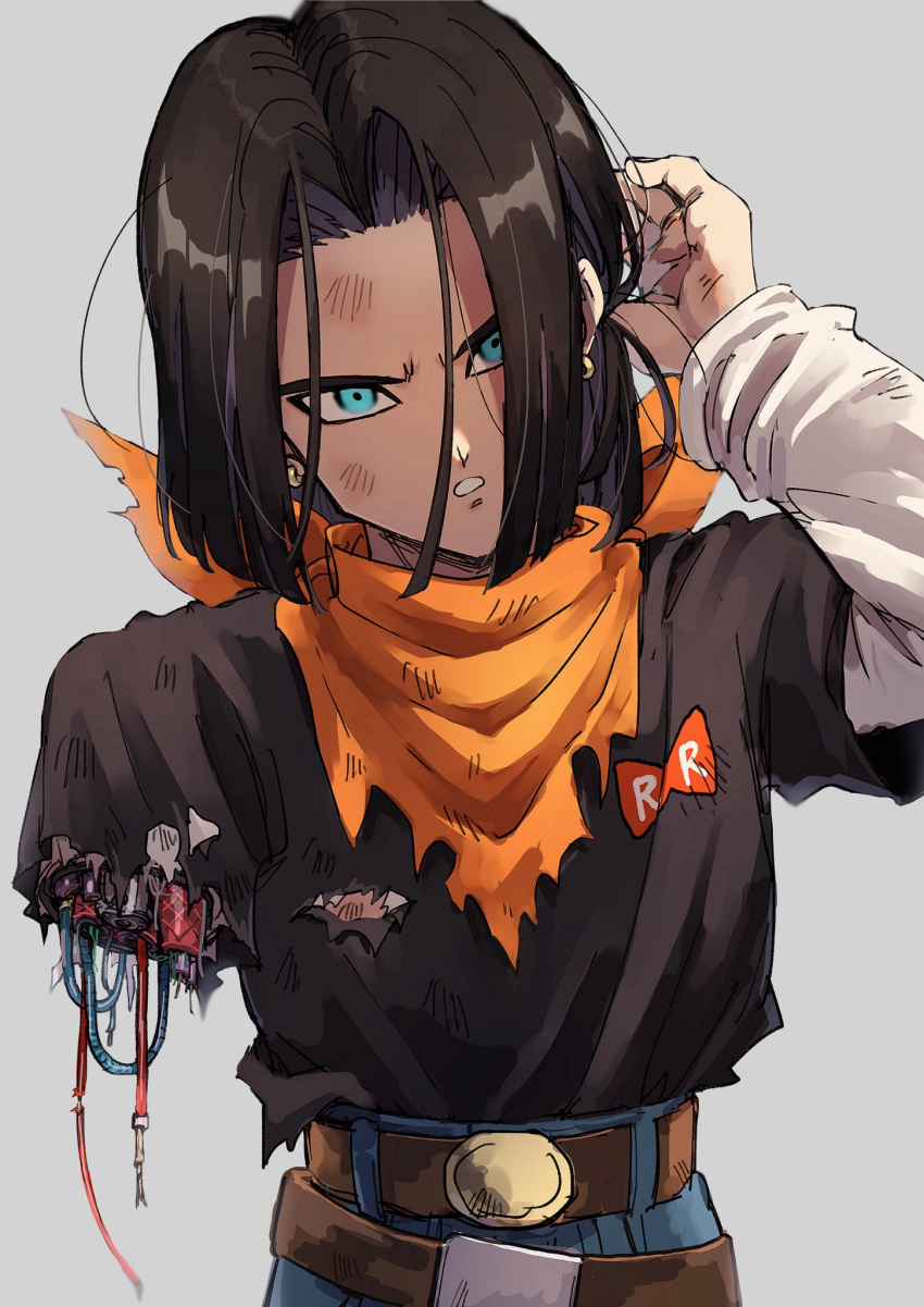 1boy android android_17 bandana belt black_hair black_shirt blue_eyes dragon_ball dragon_ball_z grey_background hand_up head_tilt highres kometubu0712 mechanical_parts medium_hair missing_limb open_mouth orange_bandana red_ribbon_army shirt solo torn_clothes upper_body white_undershirt