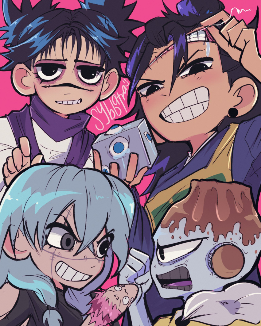 4boys artist_name black_eyes black_hair black_shirt blue_hair blue_kimono choso_(jujutsu_kaisen) facial_tattoo frown getou_suguru getou_suguru_(kenjaku) grey_eyes grin hair_bun hand_up heterochromia highres holding japanese_clothes jogo_(jujutsu_kaisen) jujutsu_kaisen kimono long_hair mahito_(jujutsu_kaisen) male_focus multiple_boys one-eyed parody pink_background purple_scarf scarf scott_pilgrim_(series) scott_pilgrim_takes_off shirt short_hair smile stitches style_parody sybbatra tattoo teeth upper_body v-shaped_eyebrows