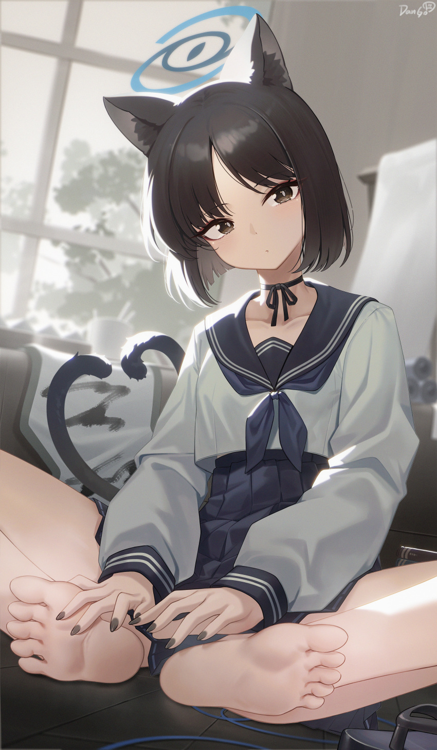 1girl absurdres animal_ears barefoot black_eyes black_hair black_nails black_sailor_collar black_skirt blue_archive blue_halo blue_neckerchief blush cat_ears cat_tail closed_mouth collarbone dango_remi fingernails halo highres indoors kikyou_(blue_archive) long_sleeves looking_at_viewer multiple_tails nail_polish neckerchief pleated_skirt sailor_collar sandals school_uniform serafuku shoes short_hair signature skirt soles solo tail toes two_tails unworn_shoes