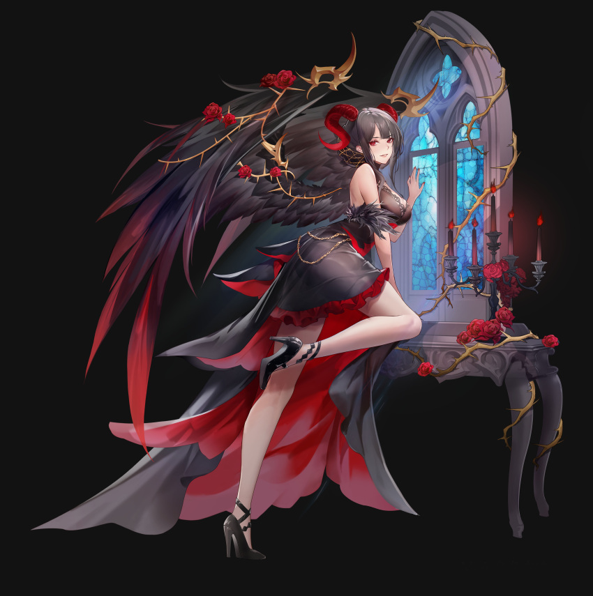1girl absurdres akashic_chronicle alice_(akashic_chronicle) black_dress black_hair black_wings breasts candle candlestand cleavage curled_horns dress feathered_wings flower frilled_dress frills high_heels highres horns kelou large_breasts looking_at_viewer parted_lips red_eyes red_flower red_rose roots rose sleeveless sleeveless_dress solo stained_glass window wings