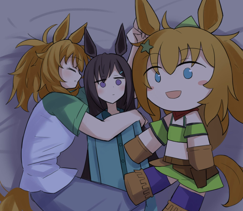 2girls animal_ears blush doqute_stuffed_doll empty_eyes grey_pants highres horse_ears horse_girl horse_tail light_brown_hair long_hair lying medium_hair mejiro_dober_(umamusume) multiple_girls on_back on_side pajamas pants ponytail purple_eyes raglan_sleeves shirt sleeping taiki_shuttle_(umamusume) tail umamusume white_shirt yamada_(c57hikaru)