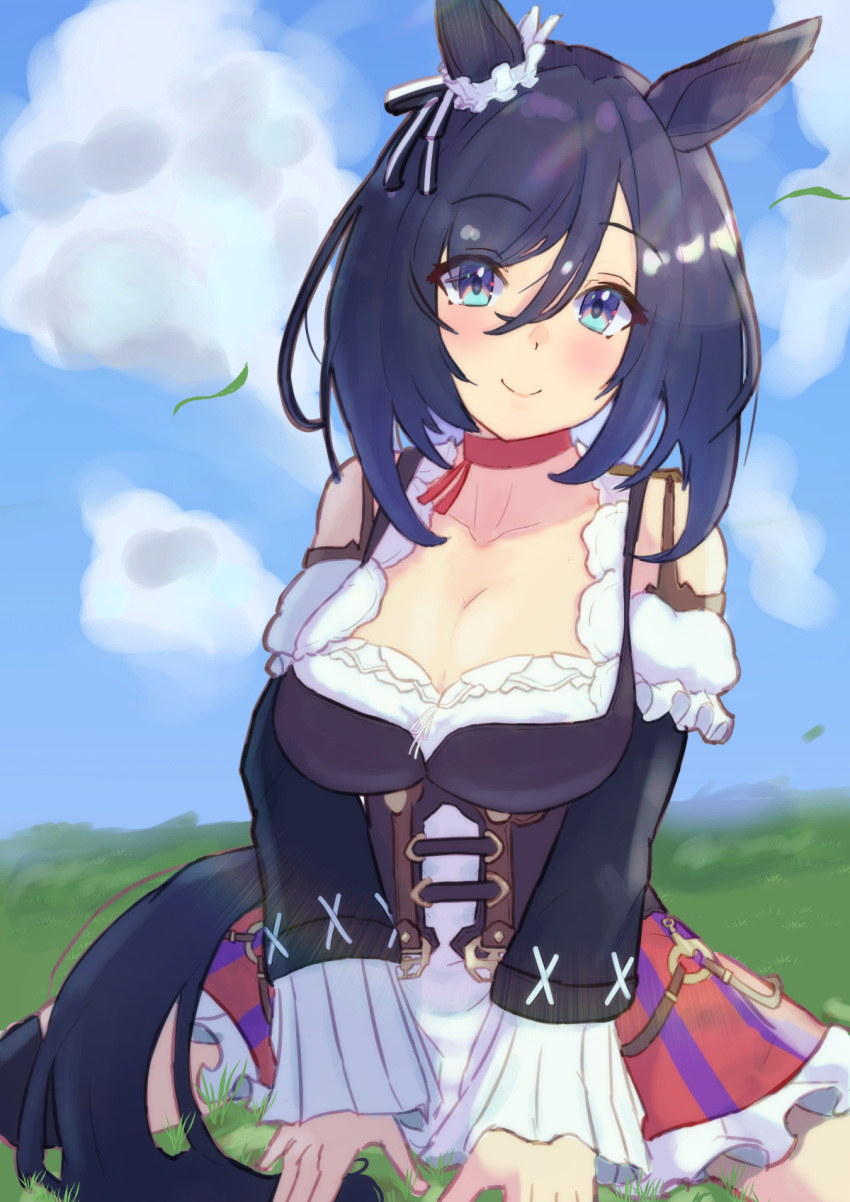 1girl animal_ears bare_shoulders black_dress black_hair blue_eyes blue_sky blush bodice breasts choker cleavage closed_mouth cloud cloudy_sky commentary_request corset detached_sleeves dirndl dress ear_ornament eishin_flash_(umamusume) frilled_dress frills german_clothes hair_between_eyes harakomeshi highres horse_ears horse_girl horse_tail large_breasts long_sleeves looking_at_viewer on_grass on_ground outdoors red_choker short_hair sitting sky smile solo tail umamusume wariza