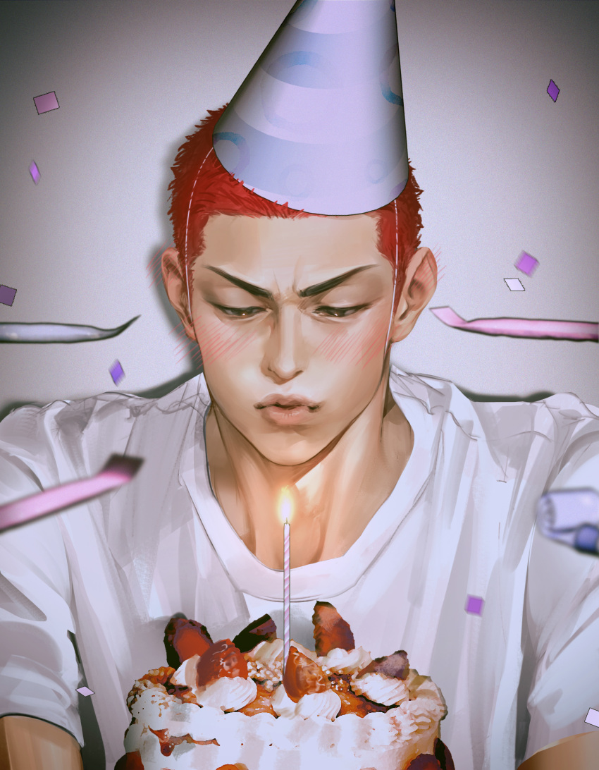 1boy birthday birthday_cake birthday_party black_eyes blowing_candle blush buzz_cut cake confetti food grey_background happy_birthday hat highres looking_down male_focus nolja_cz party_hat red_hair sakuragi_hanamichi shadow shirt short_hair simple_background slam_dunk_(series) solo upper_body v-shaped_eyebrows very_short_hair vignetting white_shirt