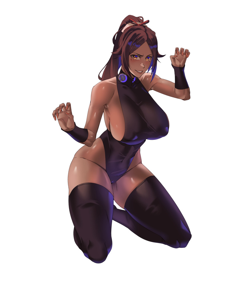 1girl absurdres black_leotard black_thighhighs bleach breasts brown_hair dark-skinned_female dark_skin english_commentary full_body high_ponytail highres huge_breasts kneeling leotard long_hair mul_illust paw_pose shihouin_yoruichi shiny_skin sideboob simple_background solo thighhighs white_background