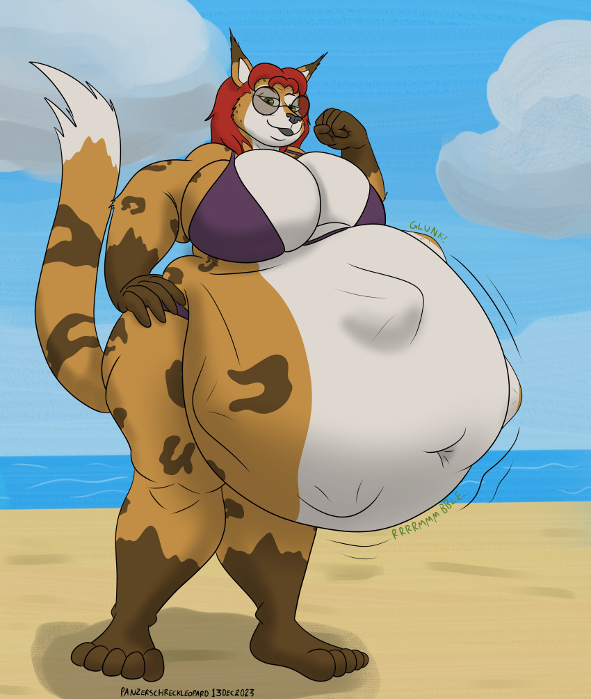 2023 abdominal_bulge absurd_res anthro beach belly big_belly big_breasts bikini breasts brown_body brown_fur canid canine canis clothing cloud colored deep_navel dipstick_ears dipstick_limbs dipstick_tail domestic_dog eyewear felid feline female fur green_eyes hair hi_res huge_belly hunting_dog lynx mammal markings multicolored_ears musclegut navel obese obese_female overweight overweight_female panzerschreckleopard purple_bikini purple_clothing purple_swimwear red_hair riley_o'shane saluki sea seaside sighthound soft_vore solo sunglasses swimwear tail tail_markings tan_body tan_fur vore water wide_hips