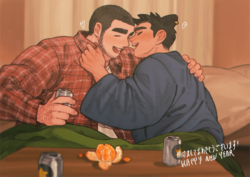 2boys :d alcohol animal_ears bara beer buzz_cut chinstrap_beard closed_eyes dark-skinned_male dark_skin dog_boy dog_ears dog_tail drinking drunk earrings facial_hair food fruit hand_on_another's_back happy happy_new_year heart highres imminent_kiss indoors inuyama_masato_(shan) jewelry kumano_daigo_(shan) male_focus mature_male multiple_boys muscular muscular_male open_mouth orange_(fruit) original pectorals profile shan_(shanshankuo) short_hair sideburns smile tail thick_eyebrows under_covers upper_body very_short_hair yaoi