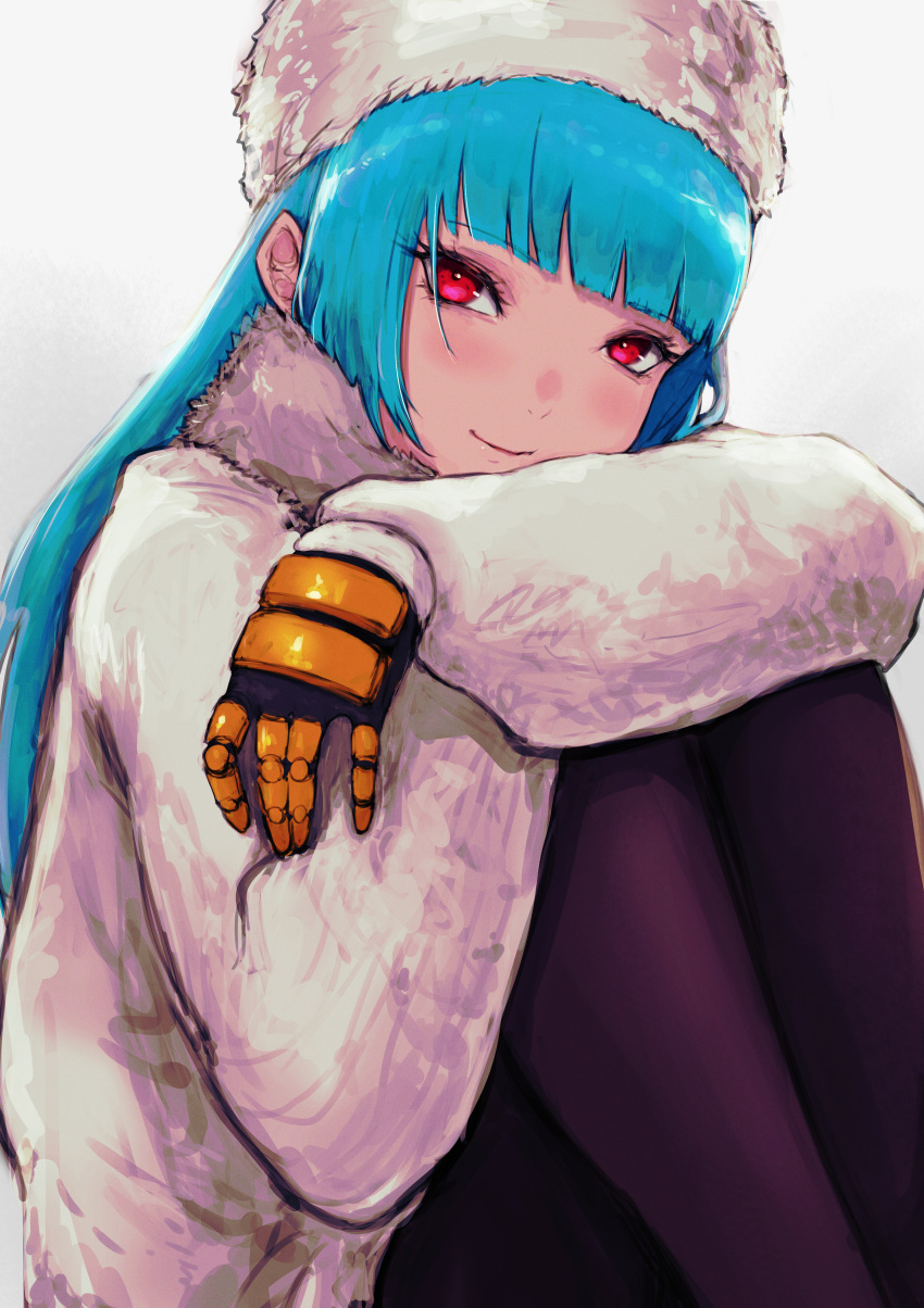 1girl absurdres arms_on_knees blue_hair blunt_bangs blush fur_collar fur_hat gloves hat highres knees_up kula_diamond long_hair long_sleeves looking_at_viewer red_eyes sitting smile solo sweater the_king_of_fighters yuu_(primenumber7)